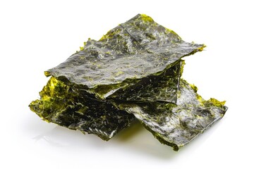 Isolated nori seaweed on white background Japanese cuisine Dry seaweed sheets