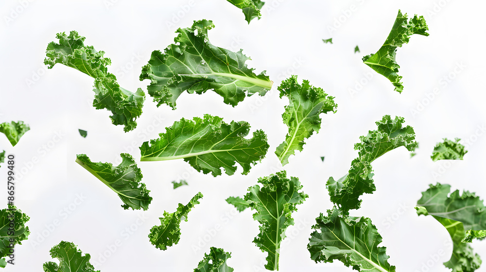 Wall mural Fresh organic green kale leaf falling in the air isolated on white background.