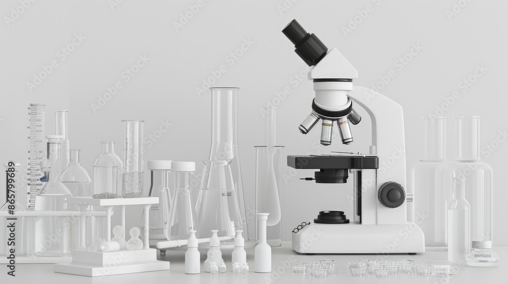 Poster a white lab table with a microscope and various glassware. generate ai image