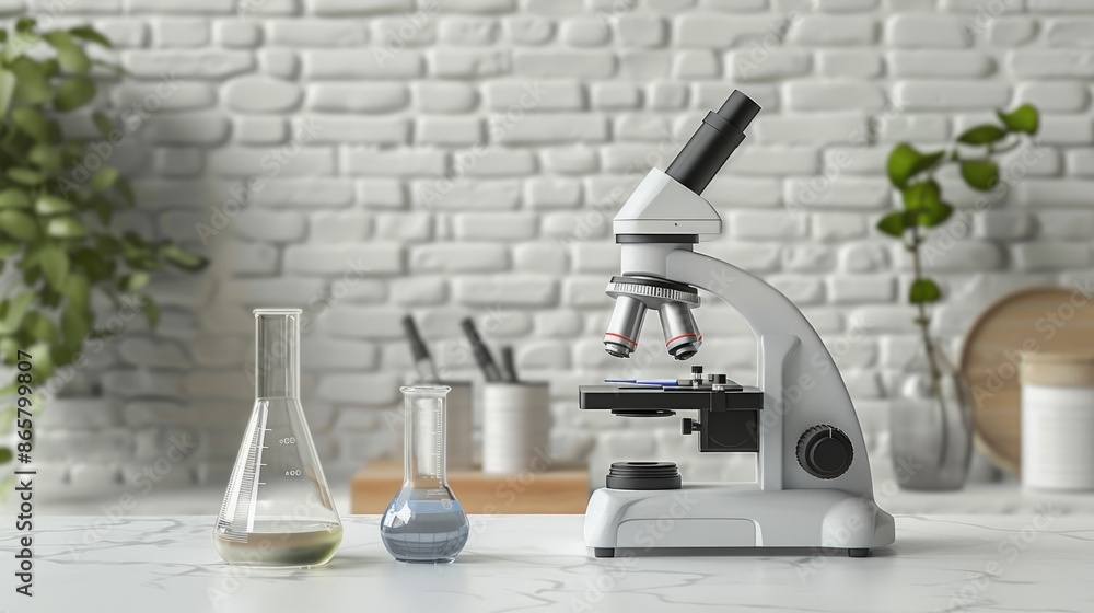 Poster a white lab table with a microscope and various glassware. generate ai image