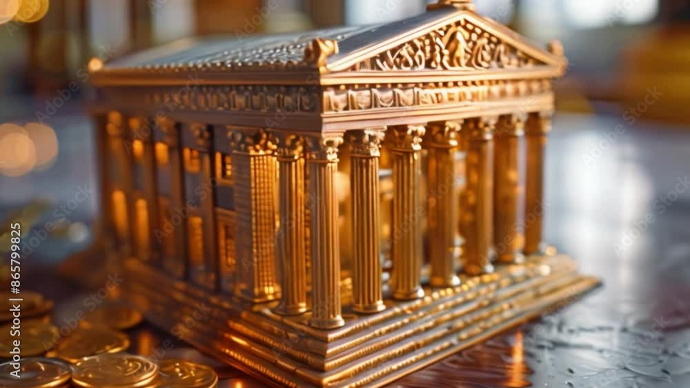 Poster this miniature bank model on a table, surrounded by scattered mints. unique financial display.