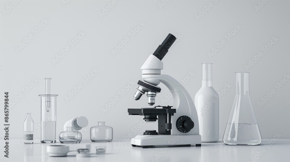 Poster a white lab table with a microscope and various glassware. generate ai image