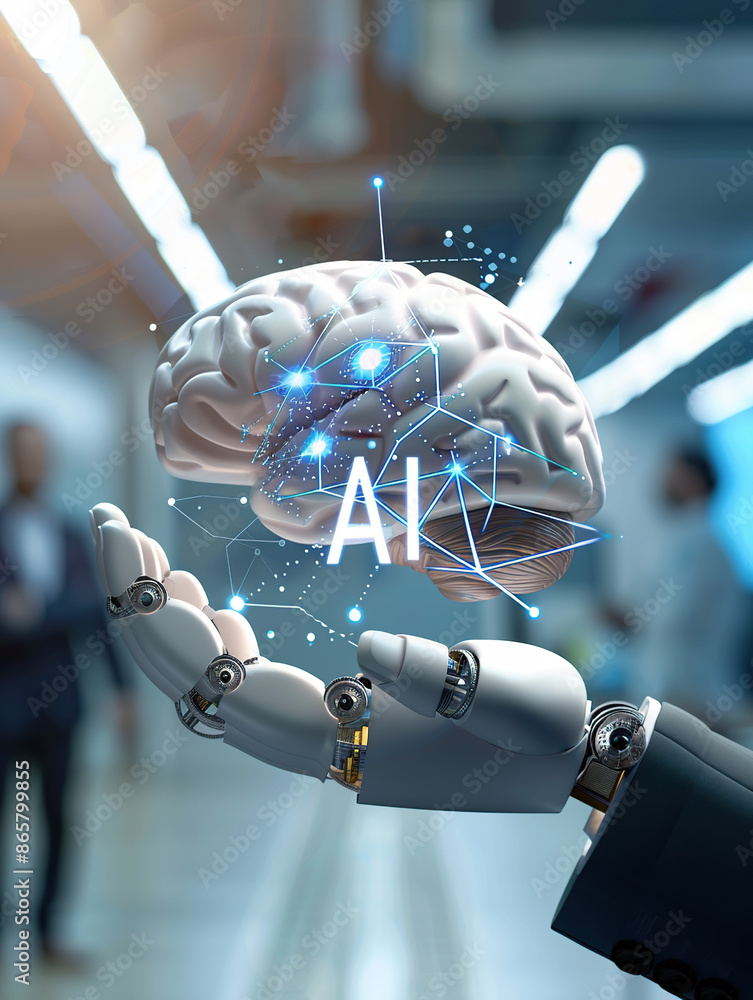 Poster a white robot hand with glowing blue holographic text 