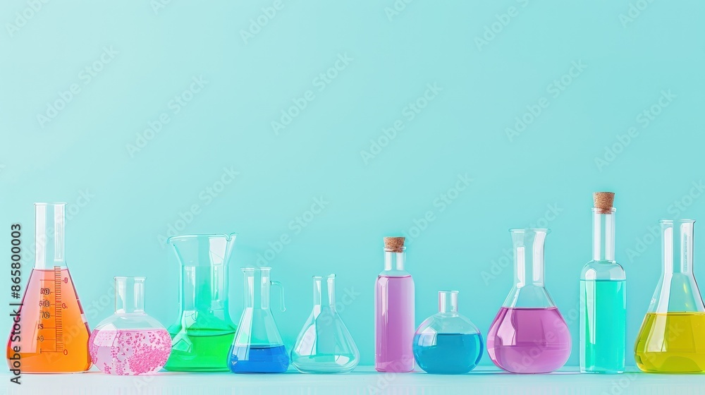Poster a row of glass beakers and test tubes are lined up on a table. generate ai image
