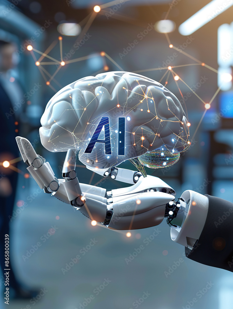 Poster a white robot hand with glowing blue holographic text 