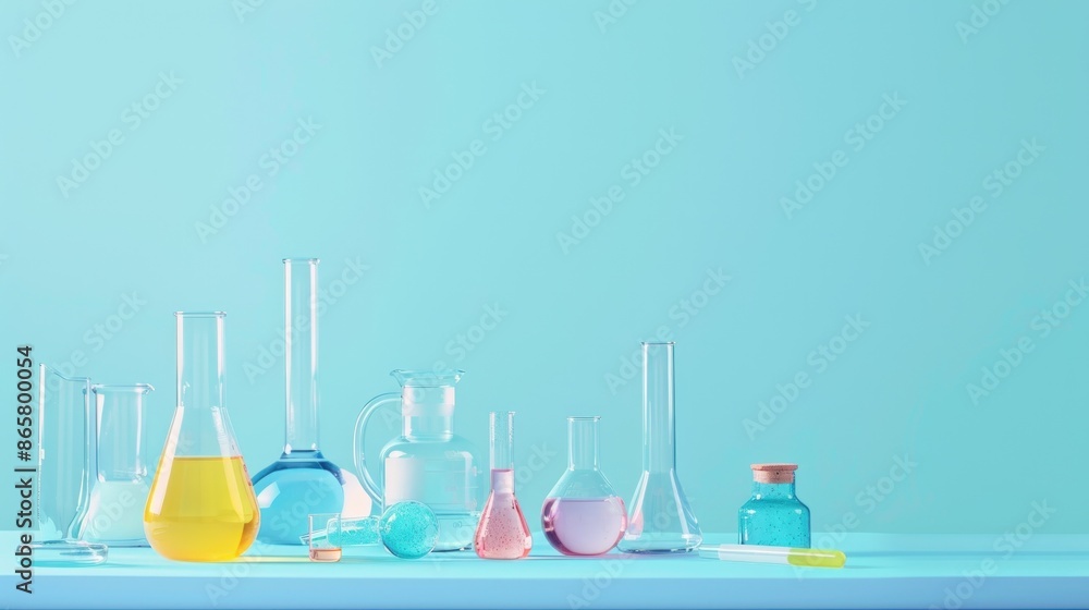 Poster a row of glass beakers and test tubes are lined up on a table. generate ai image