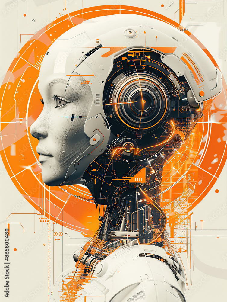 Poster a digital illustration of an ai robot head with a futuristic design, surrounded by circular orange a