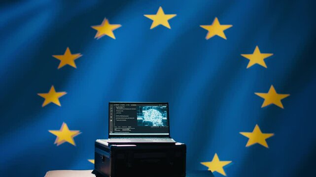 AI technology used by European Union alliance to combat illegal bot accounts on social media. Artificial intelligence algorithms detecting fake news running on laptop in EU command center, camera B