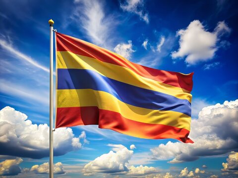 Vibrant colorful Buddhist flag waving gently in the breeze against a serene blue sky with fluffy white clouds, symbolizing peace and spirituality.