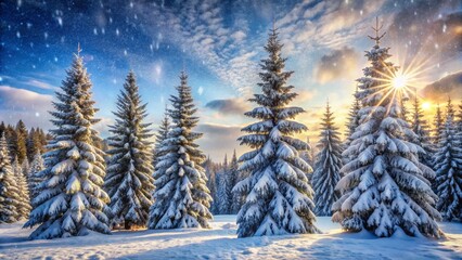 Snow-covered evergreen trees stand tall amidst frozen winter wonderland landscape with gentle snowflakes falling on rural forest scenery.