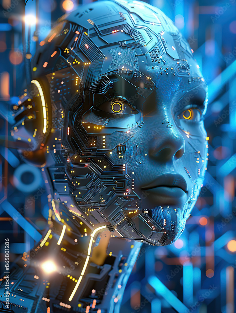 Aufkleber artificial intelligence, close-up of the face of an ai robot woman made up with circuitry and microc
