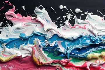 Vivid swirls of pink, blue, white, and green paint create a dynamic, textured abstract pattern on a black background. The energetic composition features bold brush strokes and splashes.