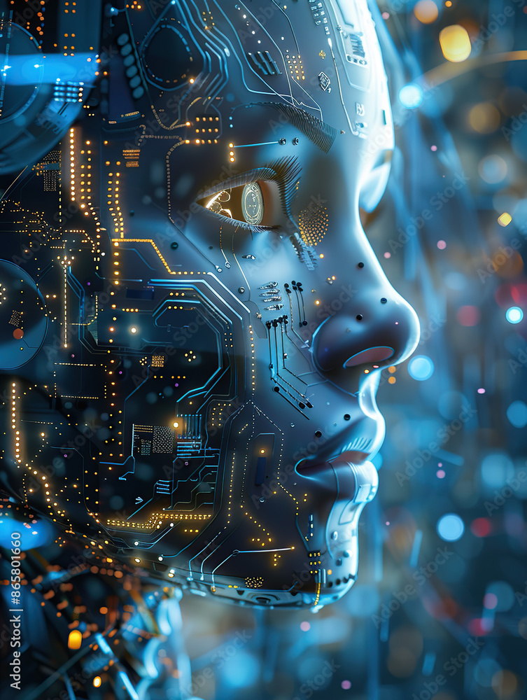 Aufkleber artificial intelligence, close-up of the face of an ai robot woman made up with circuitry and microc