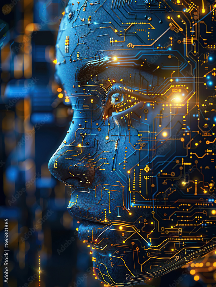 Aufkleber artificial intelligence, close-up of the face of an ai robot woman made up with circuitry and microc