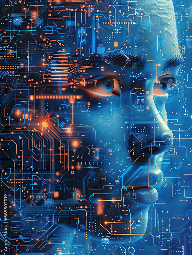 Poster artificial intelligence, close-up of the face of an ai robot woman made up with circuitry and microc