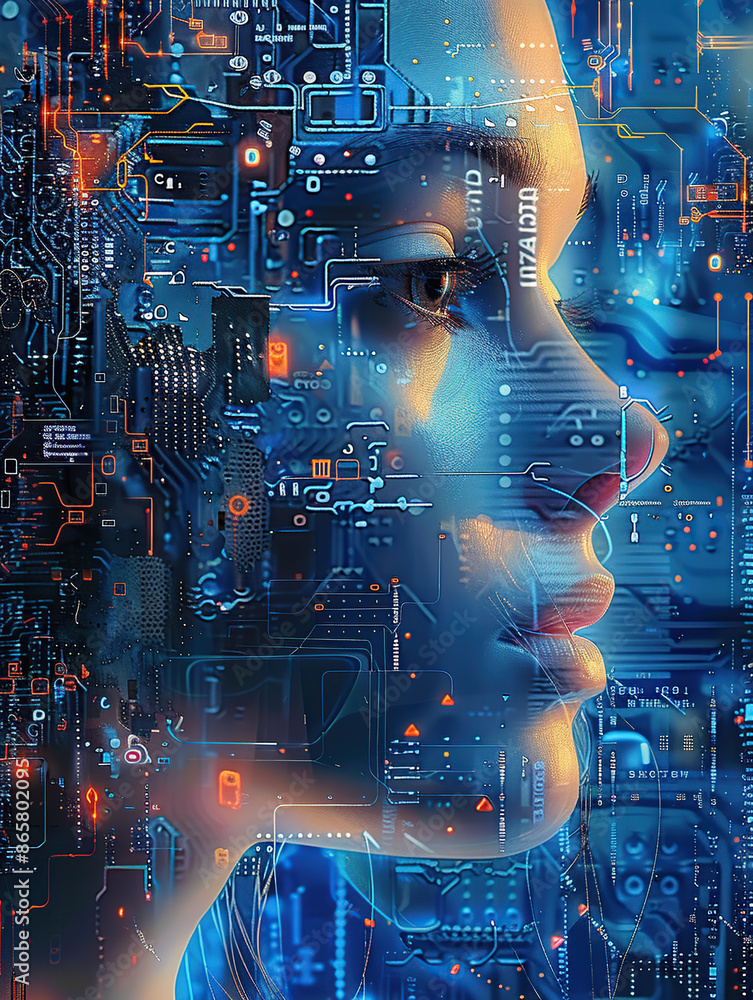 Poster artificial intelligence, close-up of the face of an ai robot woman made up with circuitry and microc