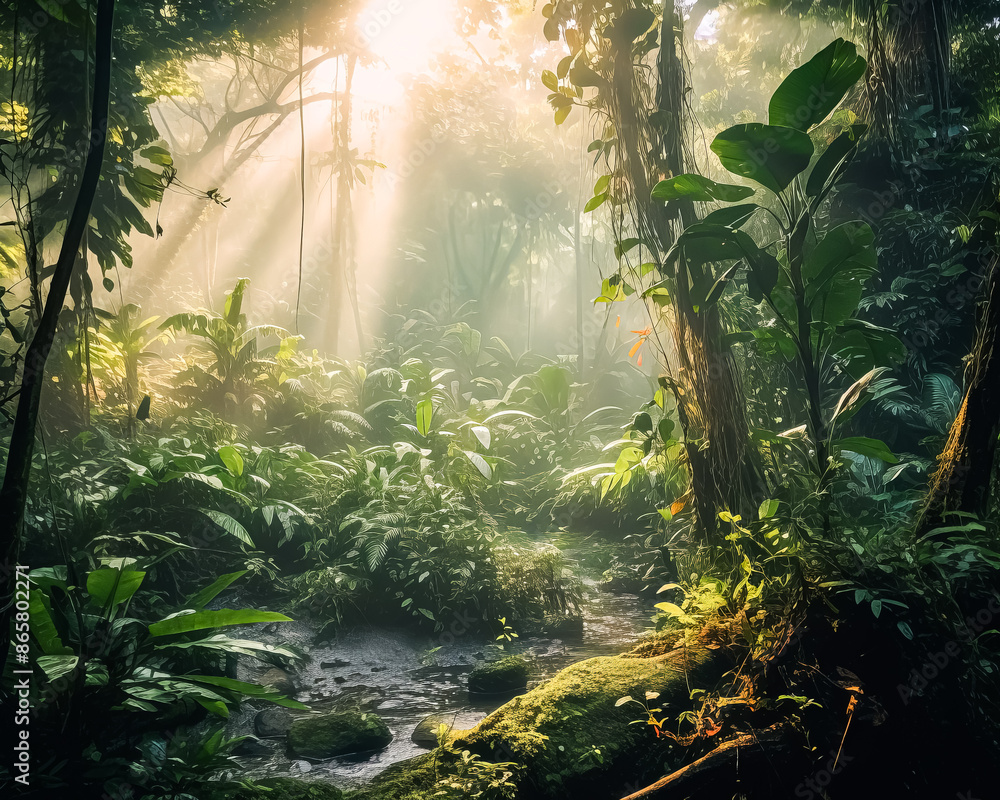 Poster a lush green jungle with a stream running through it.