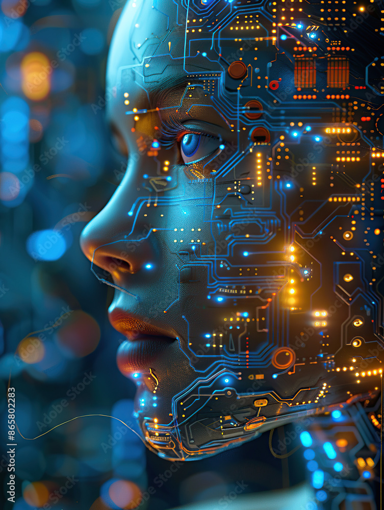 Aufkleber artificial intelligence, close-up of the face of an ai robot woman made up with circuitry and microc