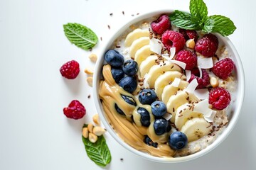 Overnight oatmeal with toppings white background top view