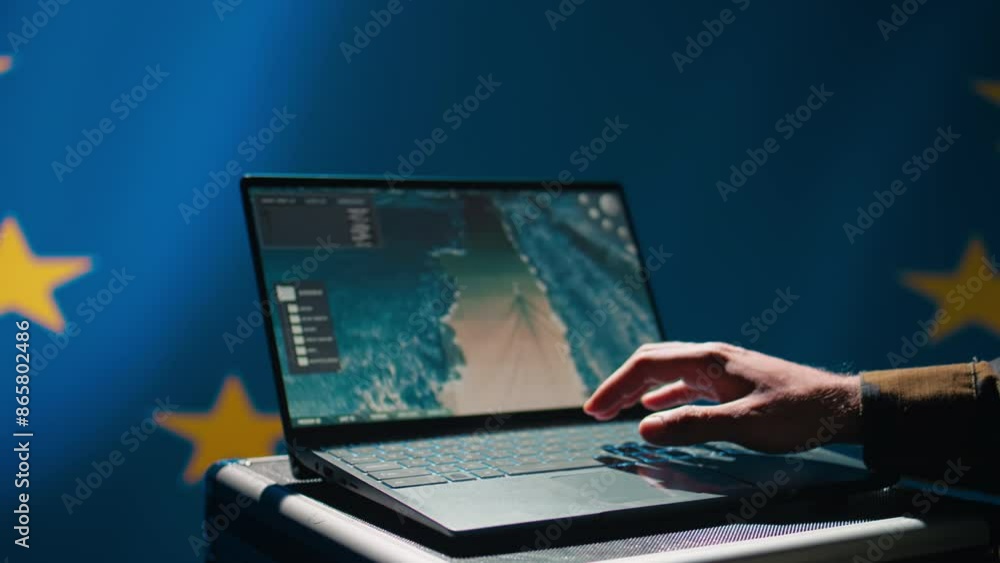 Poster european union using radar system on laptop to detect incoming ballistic missiles attacking member s