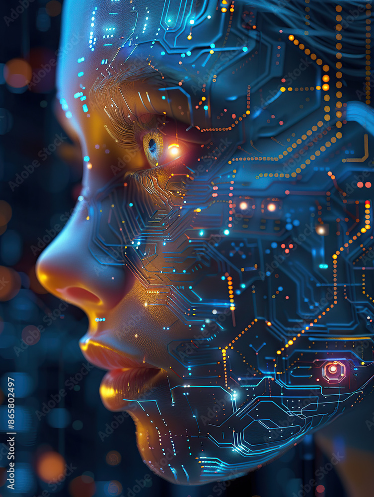 Aufkleber artificial intelligence, close-up of the face of an ai robot woman made up with circuitry and microc