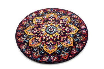 Patterned circular machine woven carpet on white surface