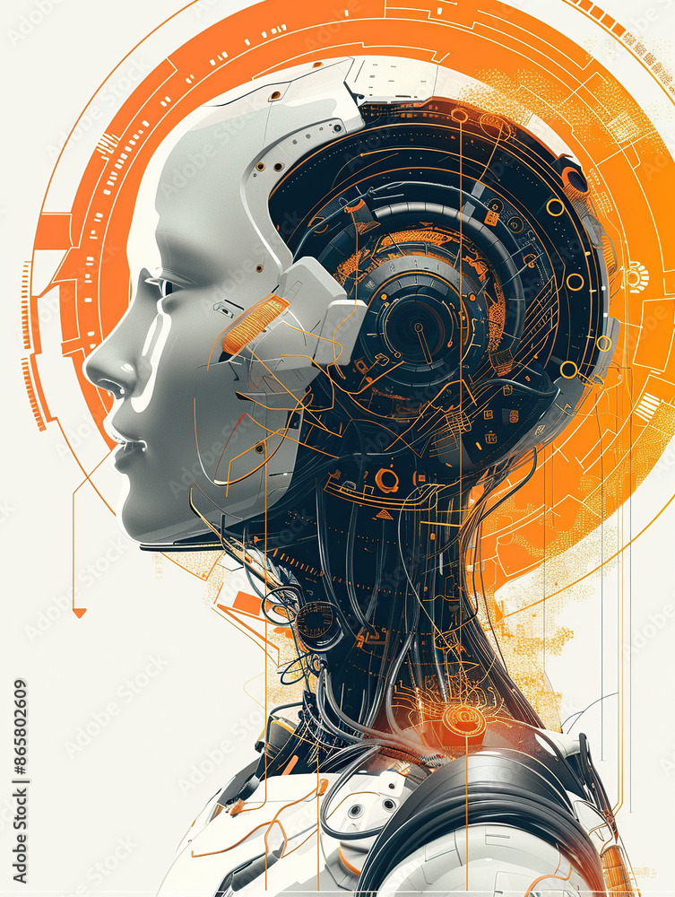 Poster a digital illustration of an ai robot head with a futuristic design, surrounded by circular orange a