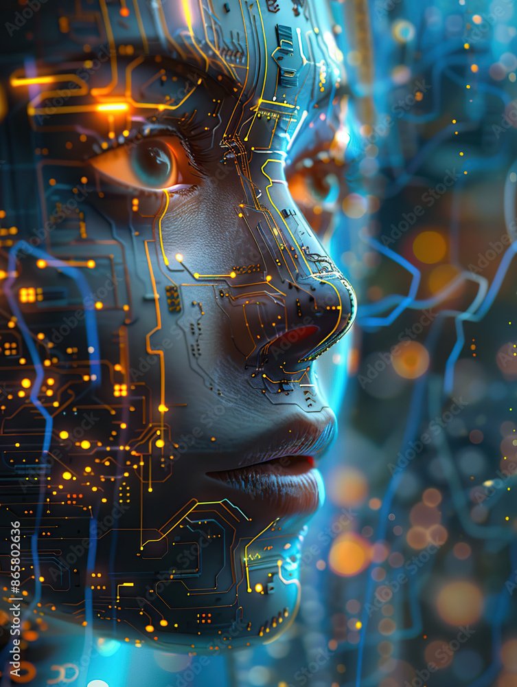 Poster artificial intelligence, close-up of the face of an ai robot woman made up with circuitry and microc