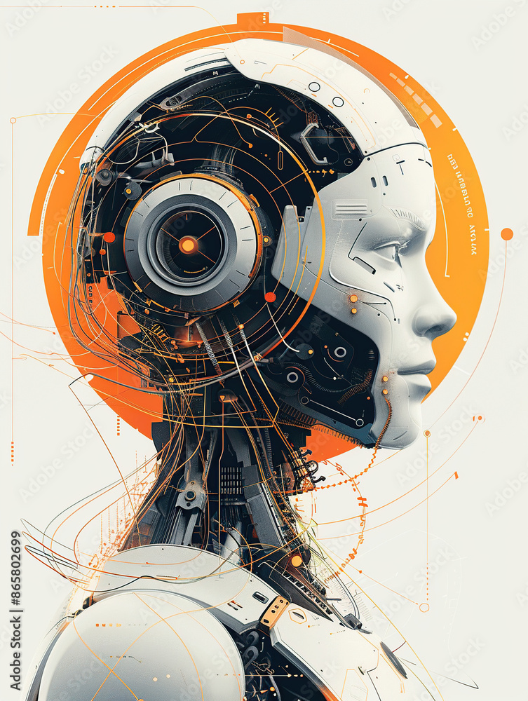 Poster a digital illustration of an ai robot head with a futuristic design, surrounded by circular orange a