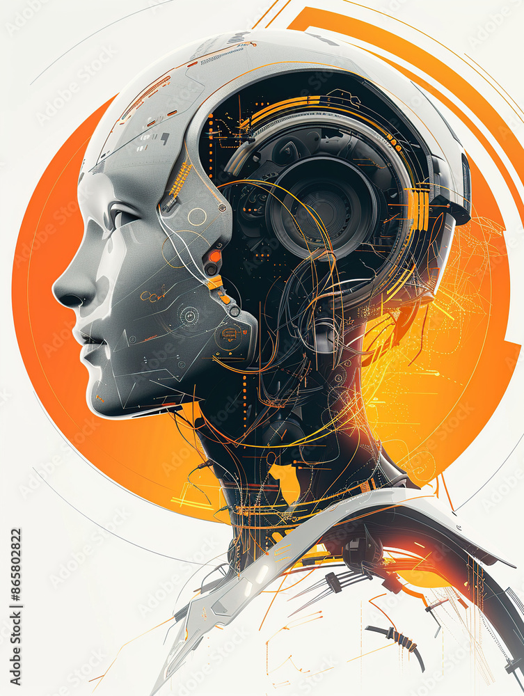 Poster a digital illustration of an ai robot head with a futuristic design, surrounded by circular orange a