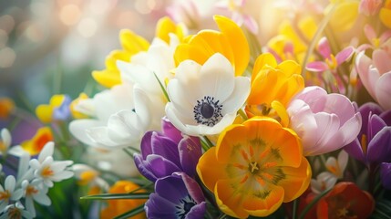 Fototapeta premium Colorful Spring Flowers in Soft Focus - Generative AI