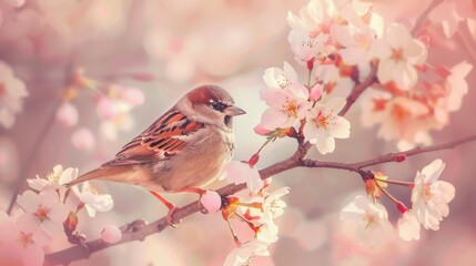 Fototapeta premium Sparrow on Cherry Blossom Branch - Generative AI