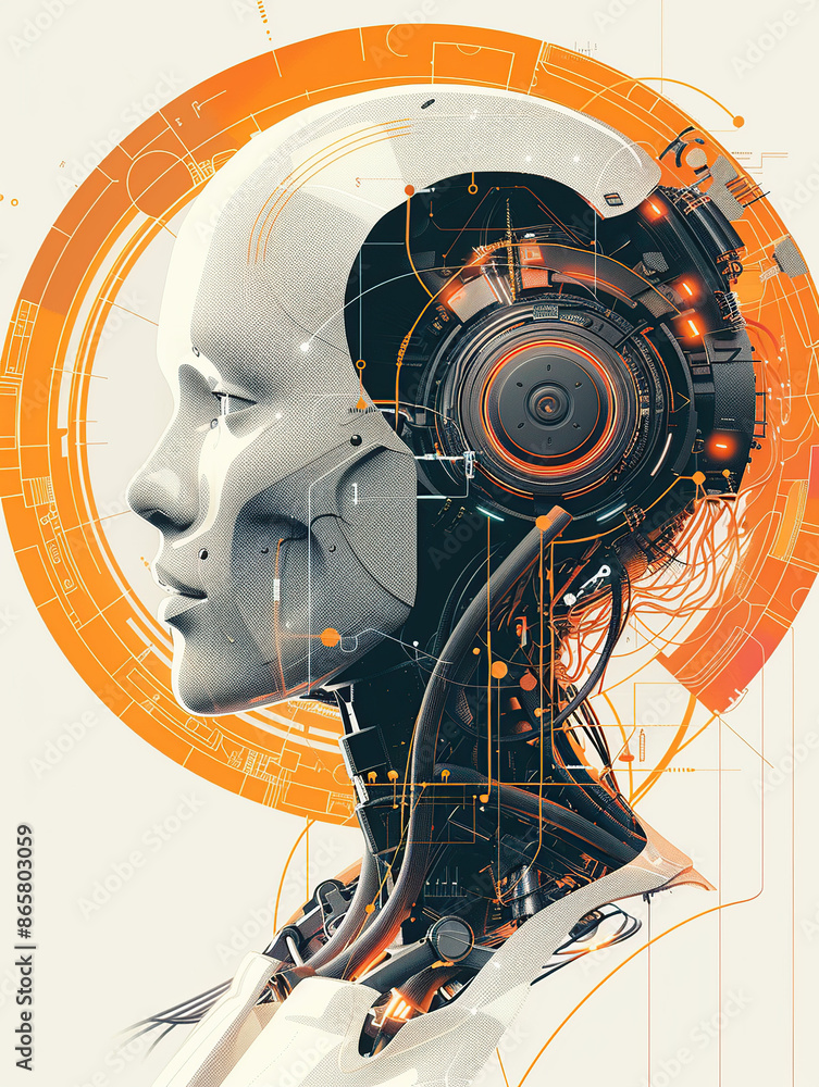 Poster a digital illustration of an ai robot head with a futuristic design, surrounded by circular orange a