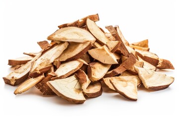 Pile of cassava chips on white surface