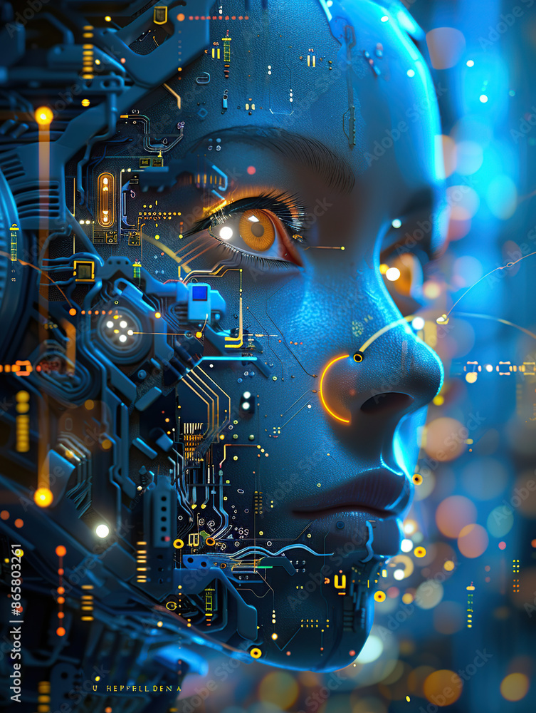 Poster artificial intelligence, close-up of the face of an ai robot woman made up with circuitry and microc