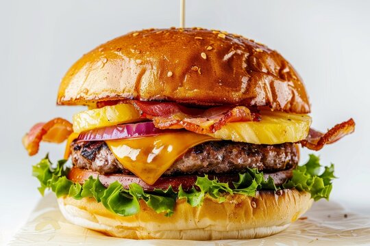 Pineapple and ham burger with onion cheese on bun white background