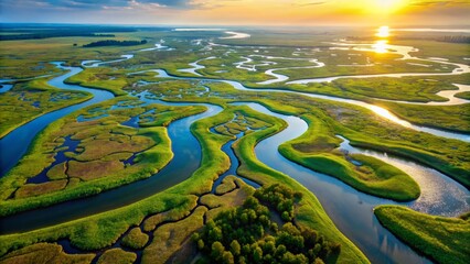 Serene aerial vista of meandering river delta surrounded by vibrant green wetlands and intricate network of shimmering water channels.