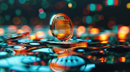 A vibrant close-up of cryptocurrency coins with colorful bokeh lights creating a futuristic and dynamic atmosphere.