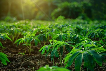 Plant cassava in mixed garden with rubber trees cultivating tapioca fields on natural background