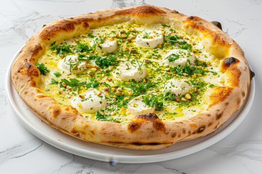 Pizza with buratta cheese cream sauce pistachio on a white plate with white marble background
