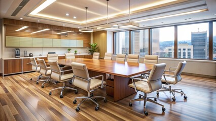 Modern conference room with empty chairs surrounding a large wooden table in a brightly lit hospital setting with medical equipment.