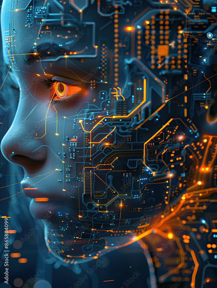 Poster artificial intelligence, close-up of the face of an ai robot woman made up with circuitry and microc