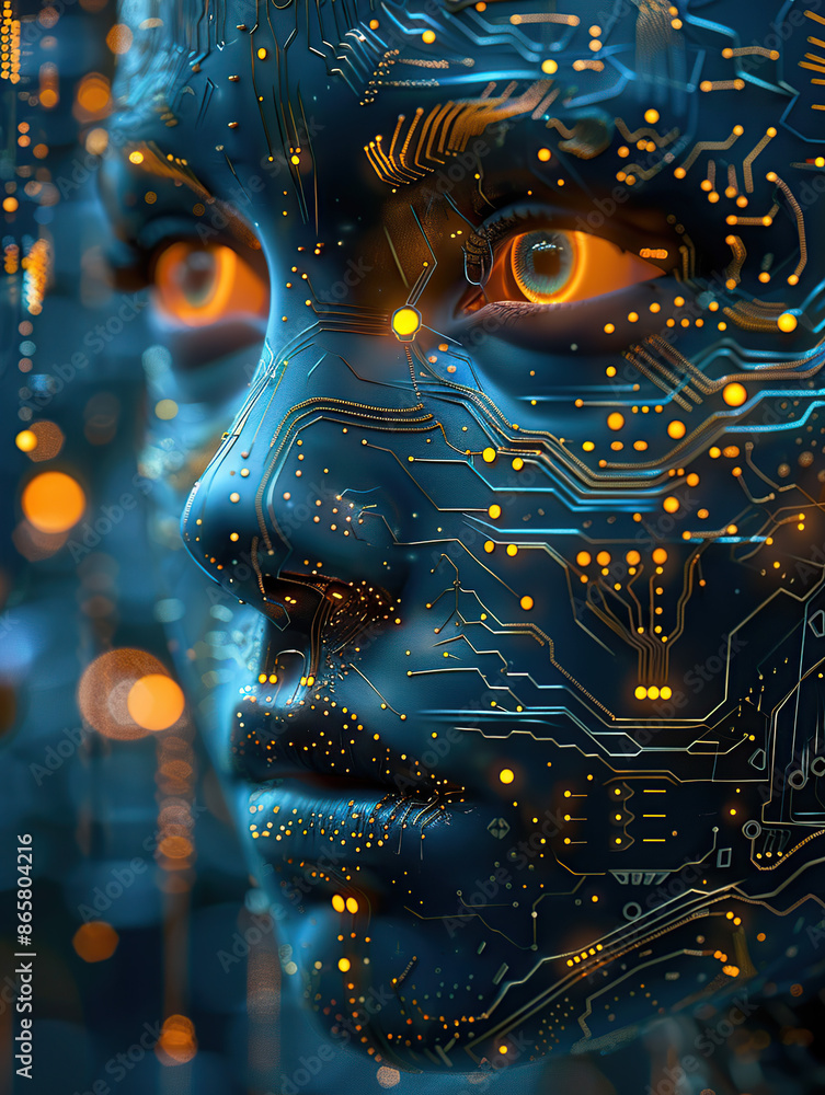 Aufkleber artificial intelligence, close-up of the face of an ai robot woman made up with circuitry and microc