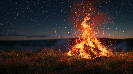 Huge bonfire in the field at night, summer solstice festival, sparks flying upwards, starry sky