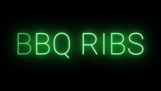 Flickering neon green glowing BBQ Ribs text animated on black background