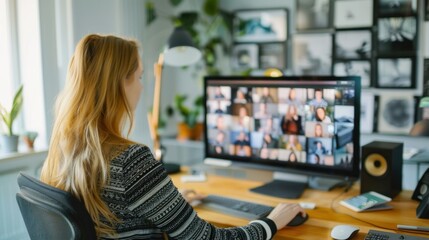 Young woman sitting for working at her desk in front of the computer, Video conference, Online working, Home office.