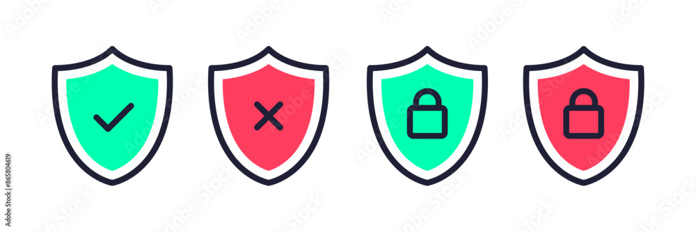 Poster security shield icons, security shields symbols with check mark and padlock. safety shields icon set