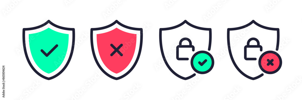 Poster security shield icons, security shields symbols with check mark and padlock. safety shields icon set