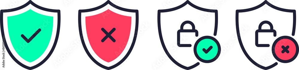 Poster security shield icons, security shields symbols with check mark and padlock. safety shields icon set
