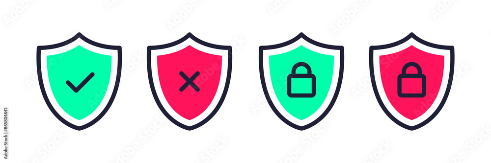 Poster security shield icons, security shields symbols with check mark and padlock. safety shields icon set